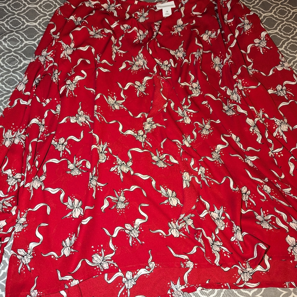 Liz Claiborne Red Floral Long Sleeve Top Blouse Boho Ruffles Size OX Women W/TAG
